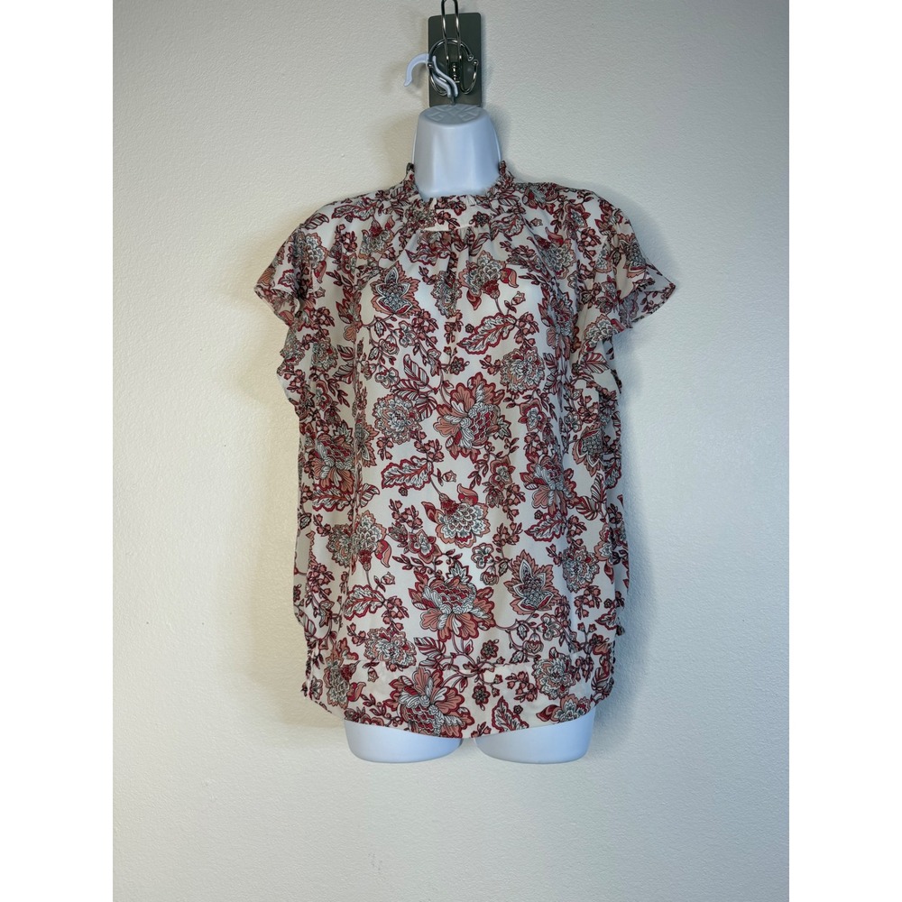 Soho New York & Company Jeans Floral Paisley Ruffle Neck Blouse Red Pink XL